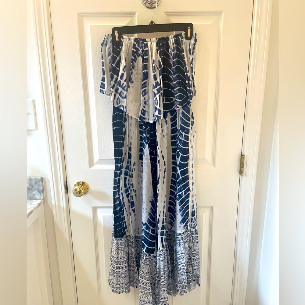 Blue and white tie dye jumpsuit.